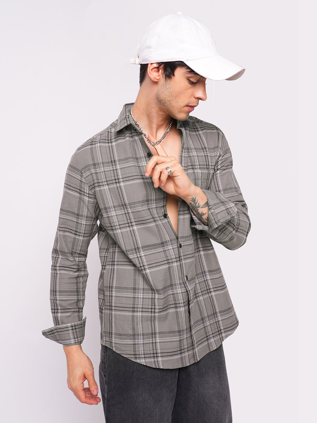 Fossil Grey & Black Tartanique Checkered Textured Shirt