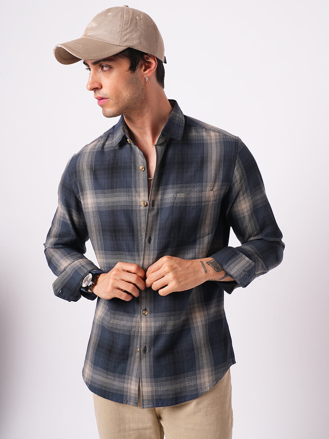 Premium Cotton Spiffy Space Blue Box Checks Textured Shirt