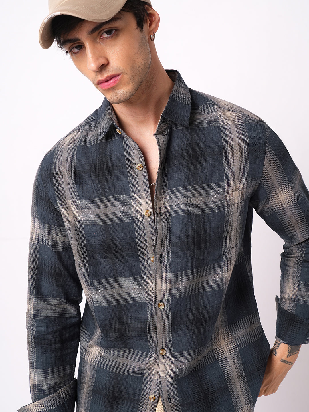 Premium Cotton Spiffy Space Blue Box Checks Textured Shirt