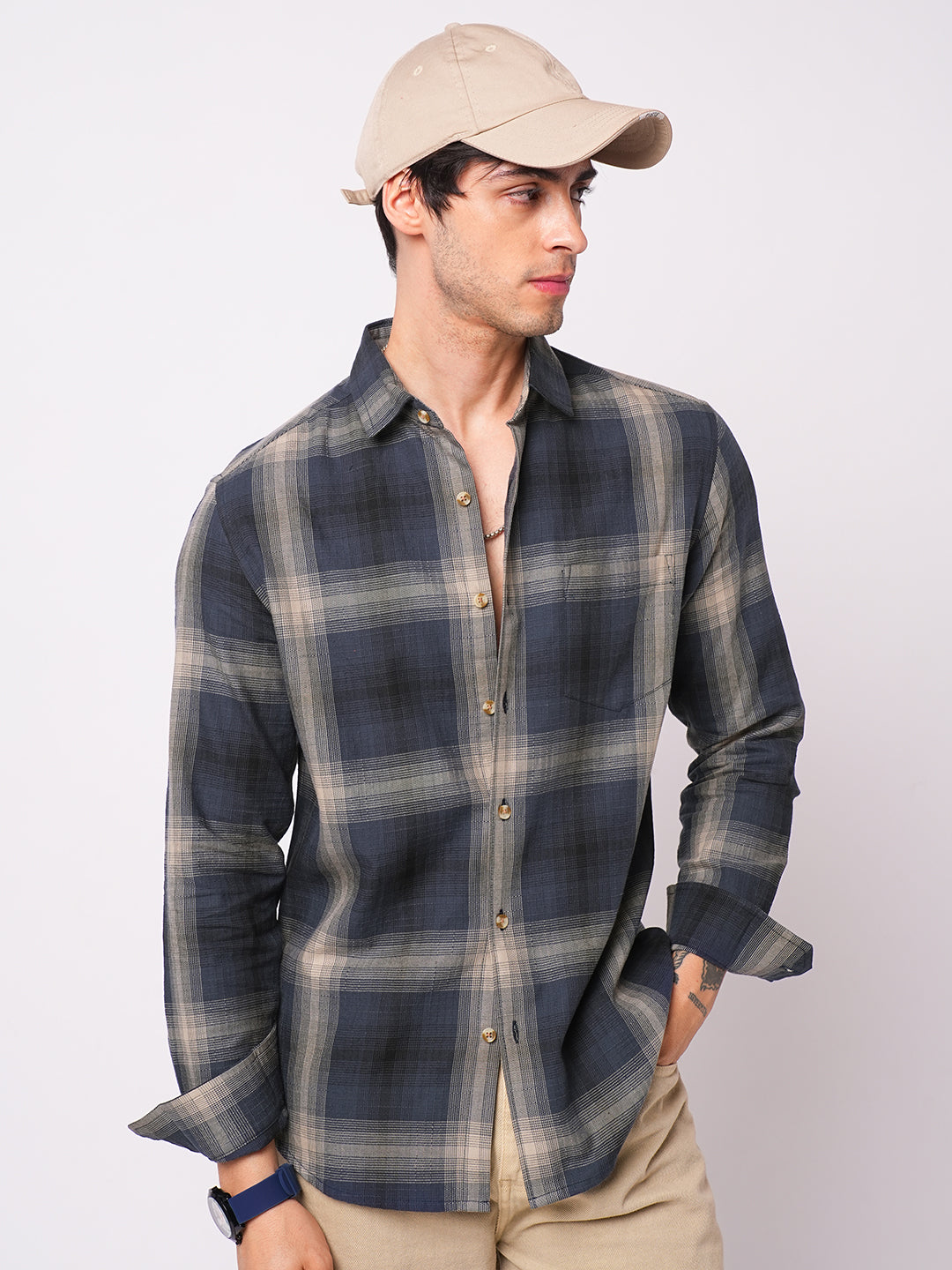 Premium Cotton Spiffy Space Blue Box Checks Textured Shirt