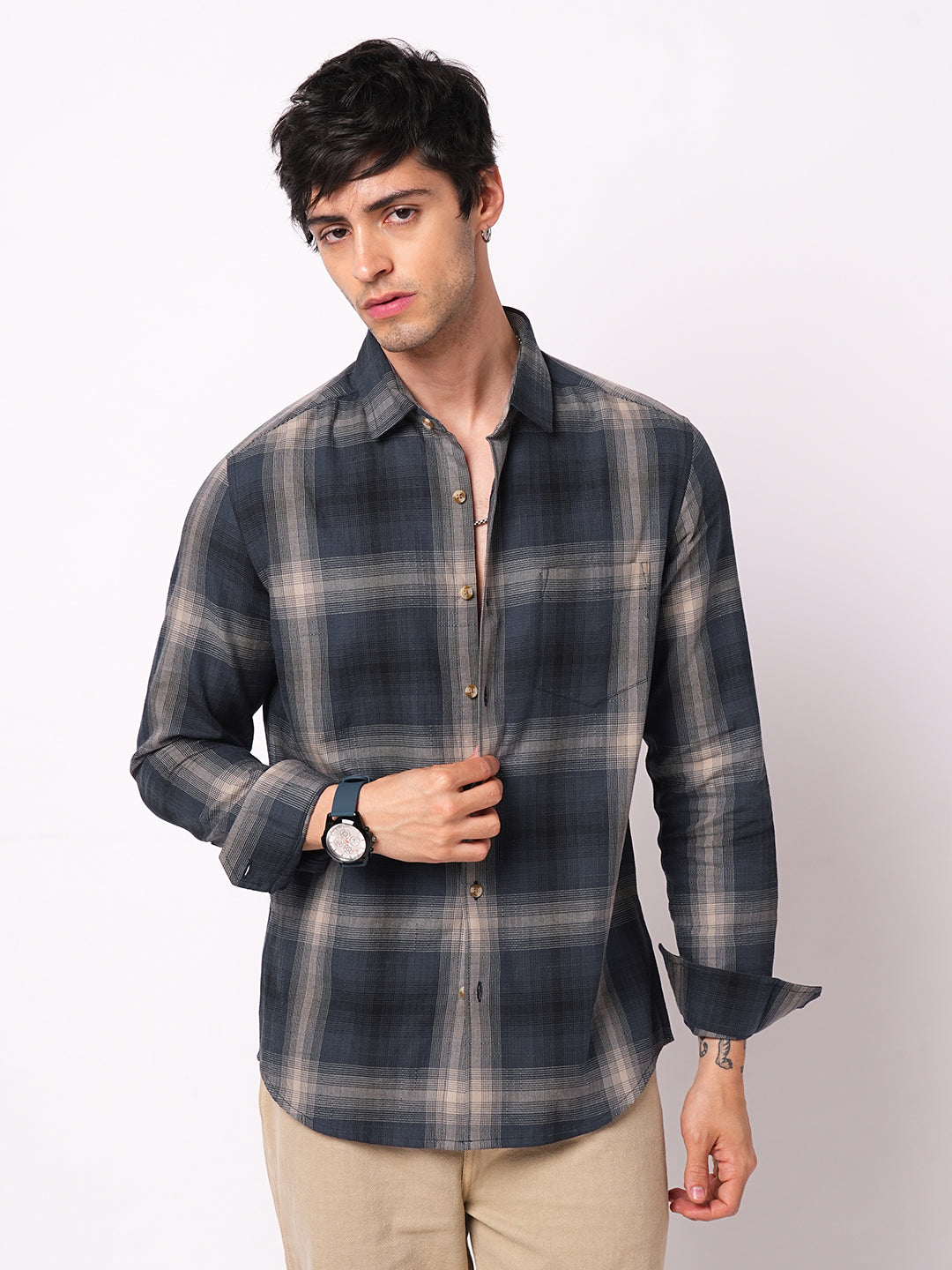 Premium Cotton Spiffy Space Blue Box Checks Textured Shirt
