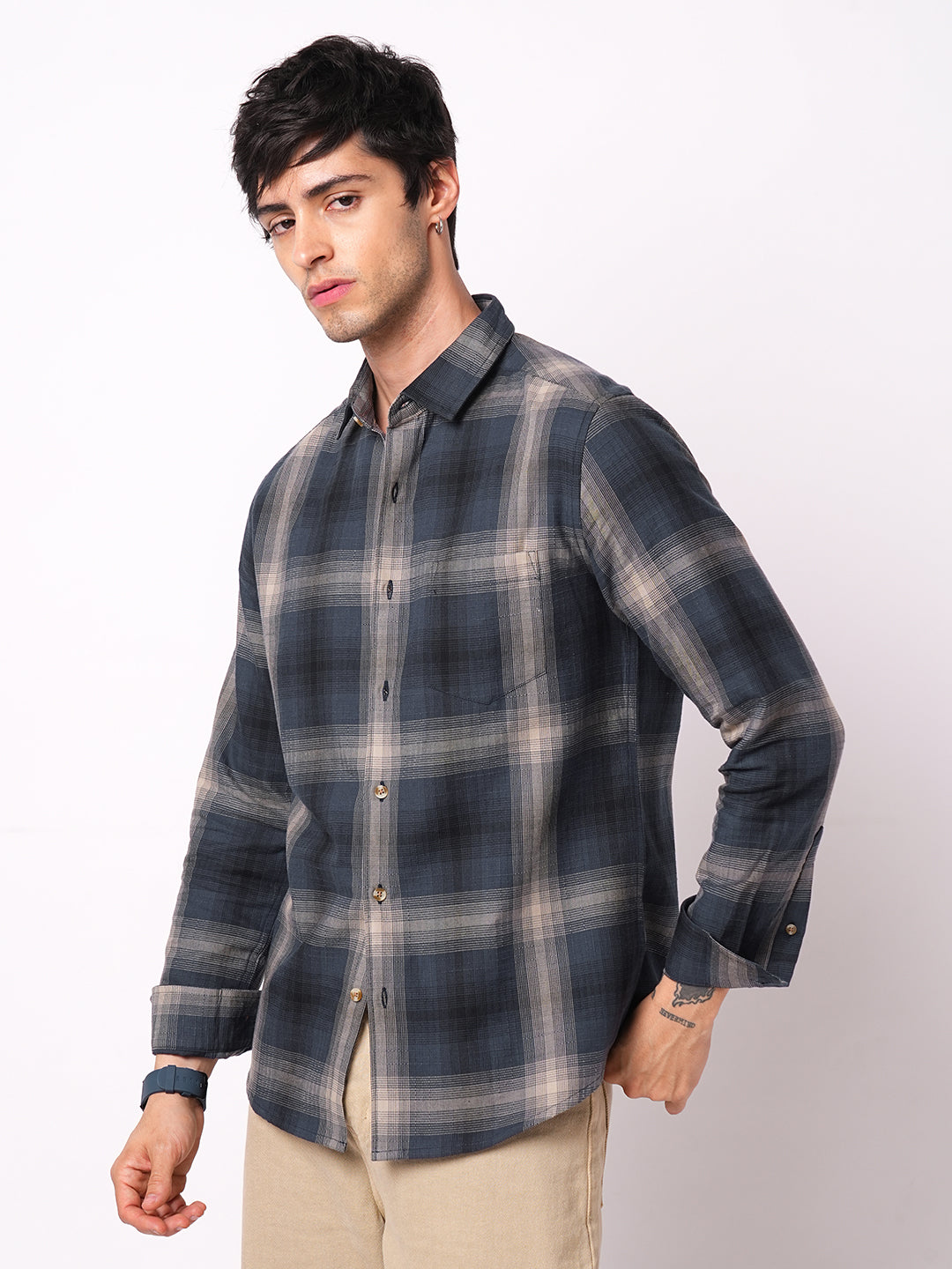 Premium Cotton Spiffy Space Blue Box Checks Textured Shirt