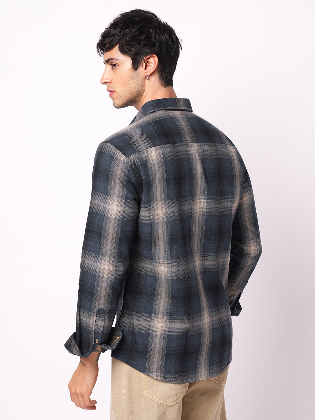 Premium Cotton Spiffy Space Blue Box Checks Textured Shirt