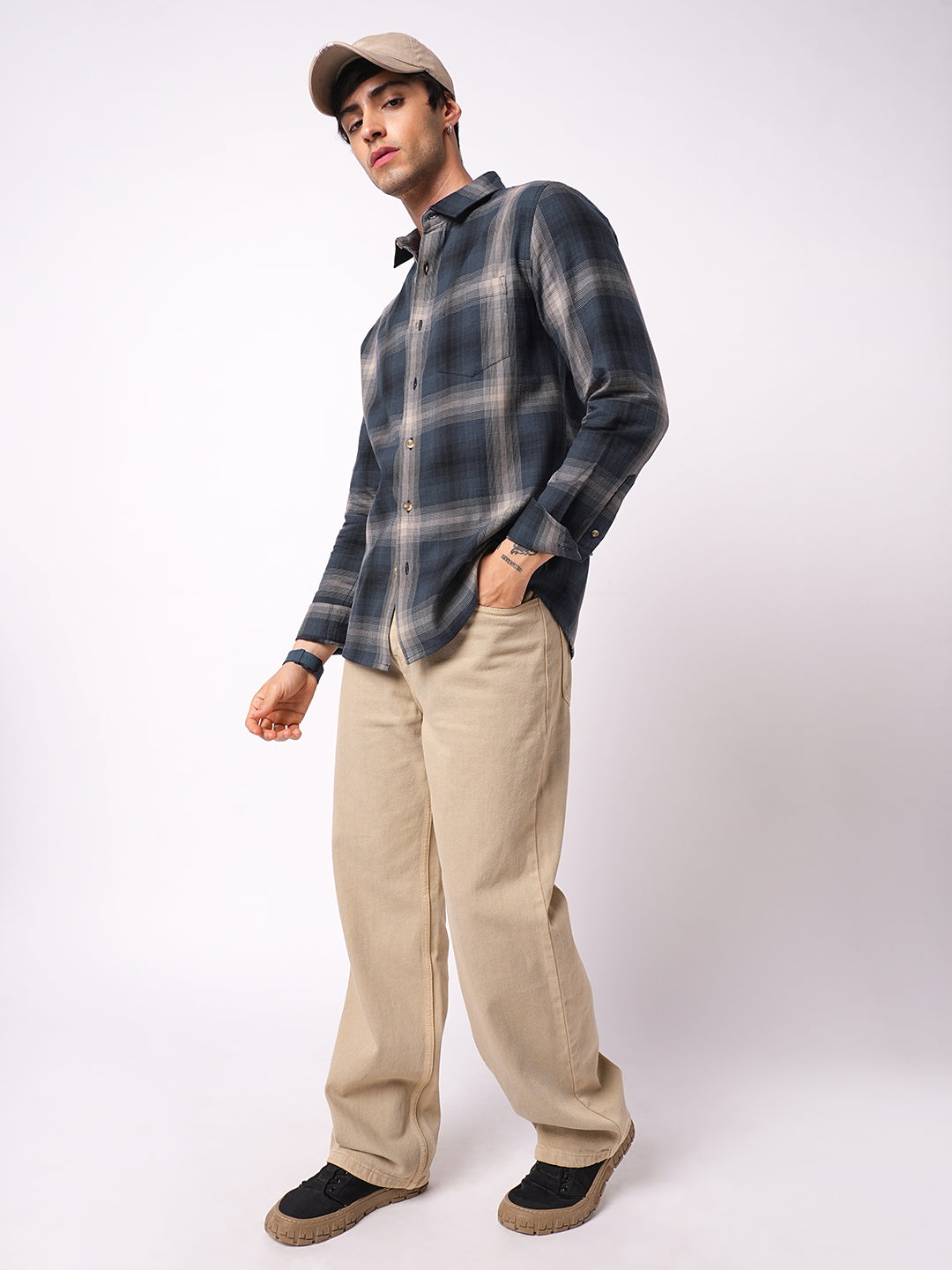 Premium Cotton Spiffy Space Blue Box Checks Textured Shirt