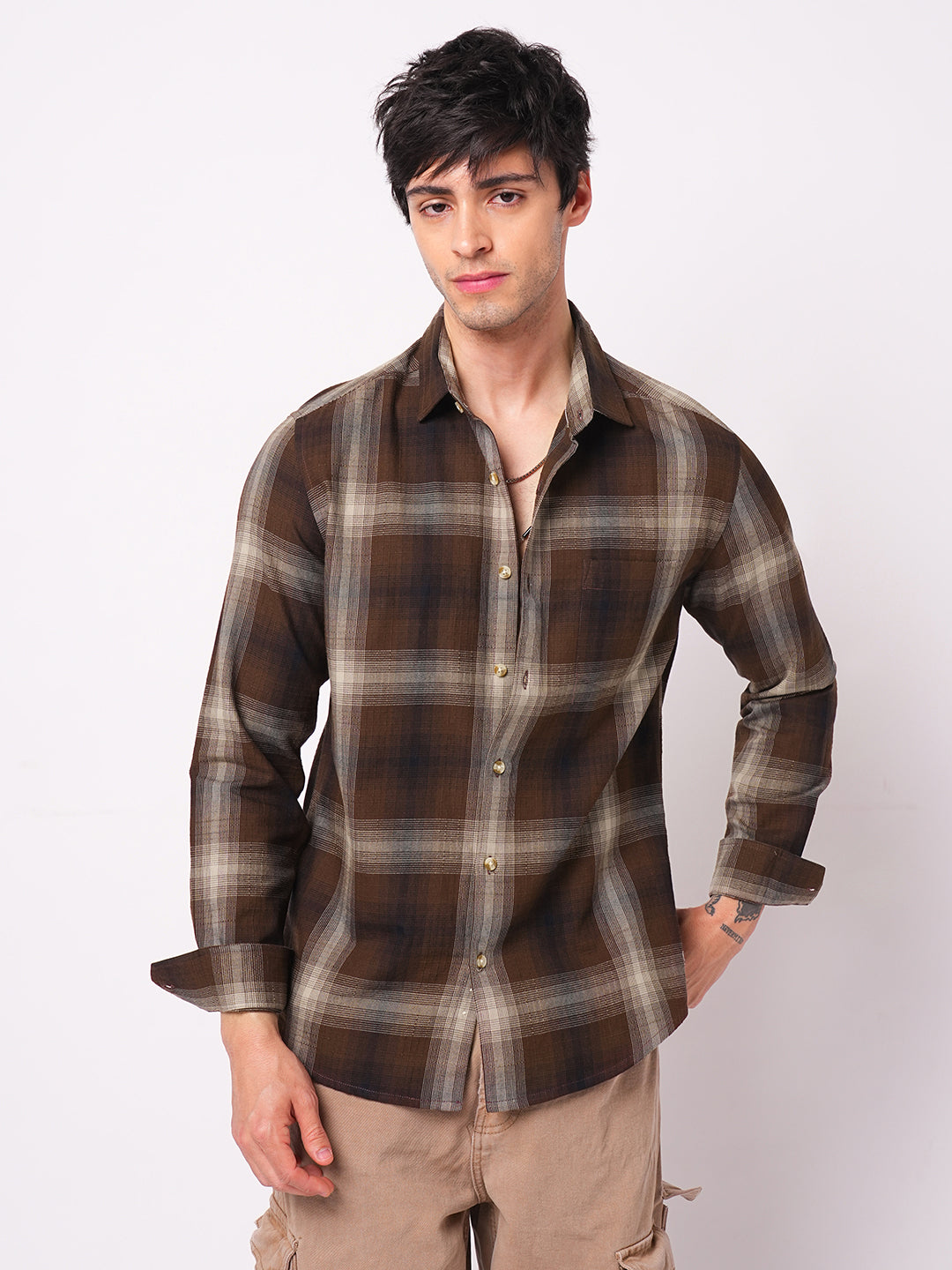 Spiffy Brunette Plaid Checkered Textured Shirt