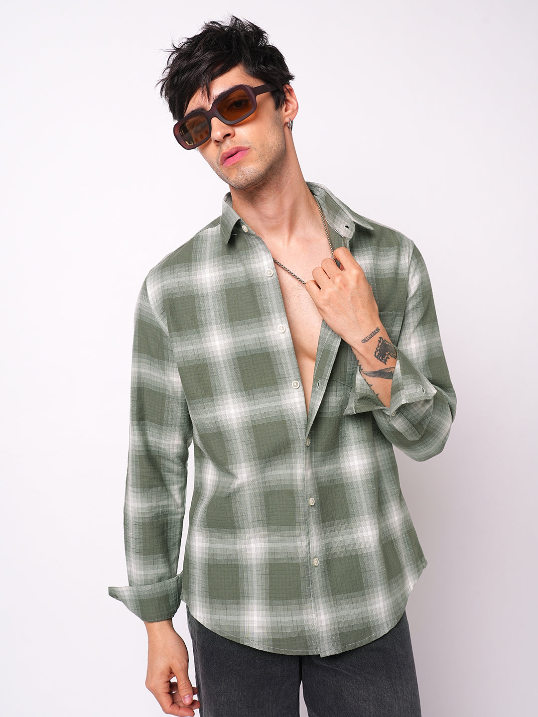 Voguish Olive & White Box Checks Shirt