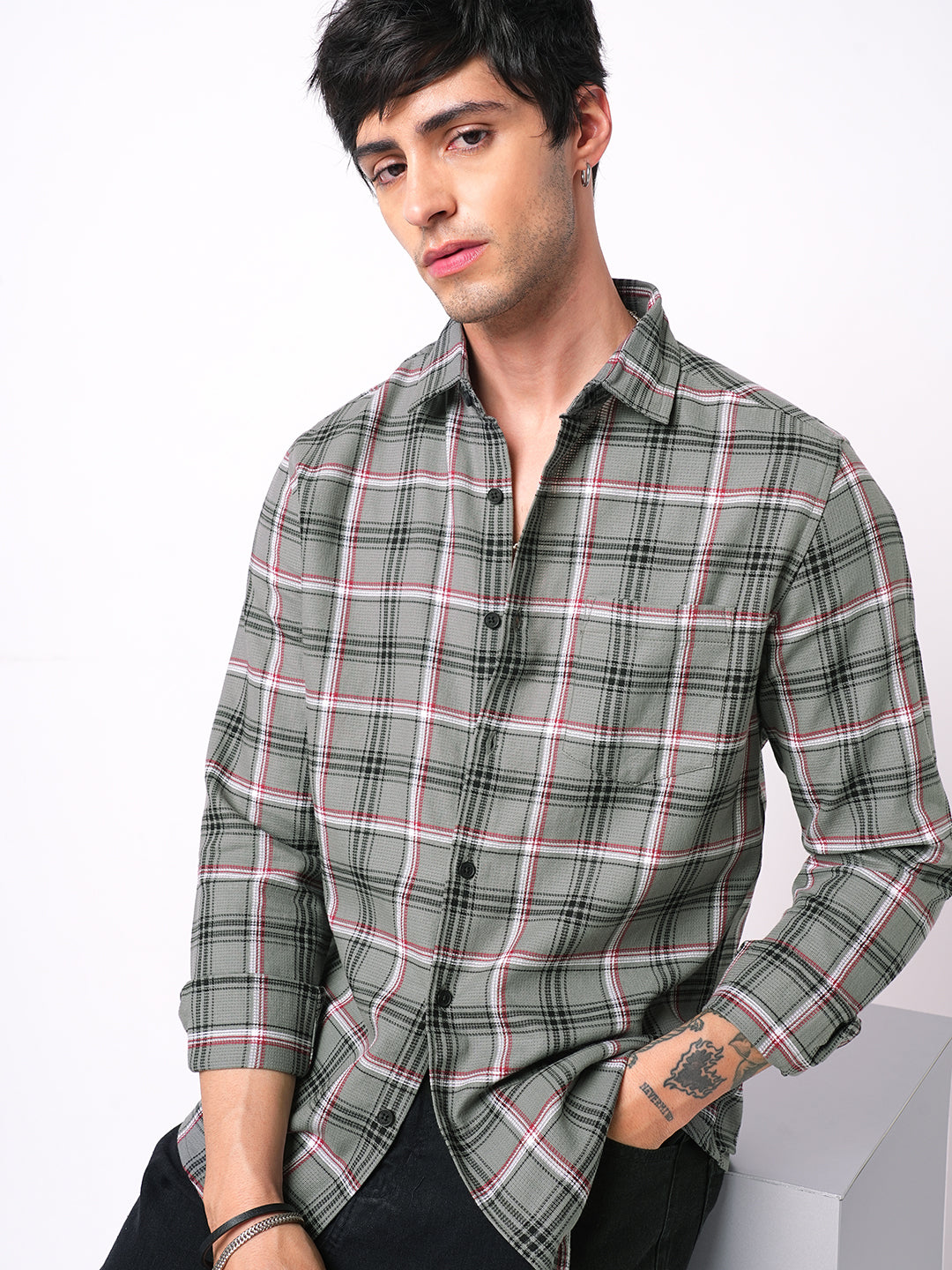 Premium Cotton Warm Grey Tartan Checks Shirt