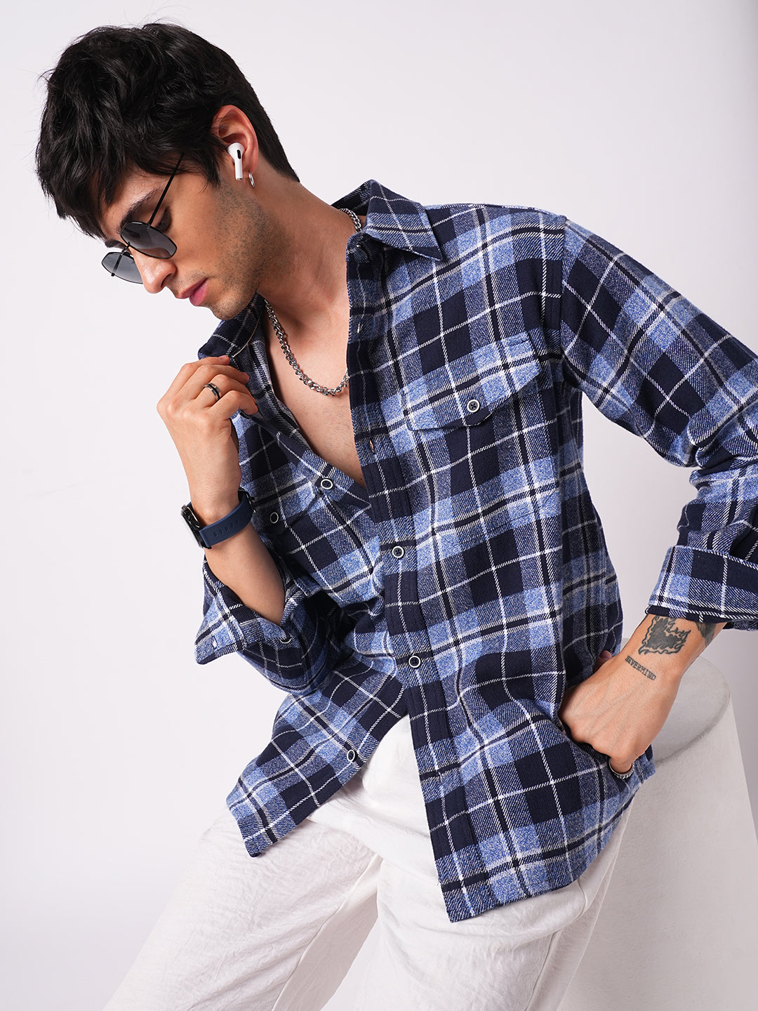 Blue Tartan Checkered Double Pocket Flannel Overshirt