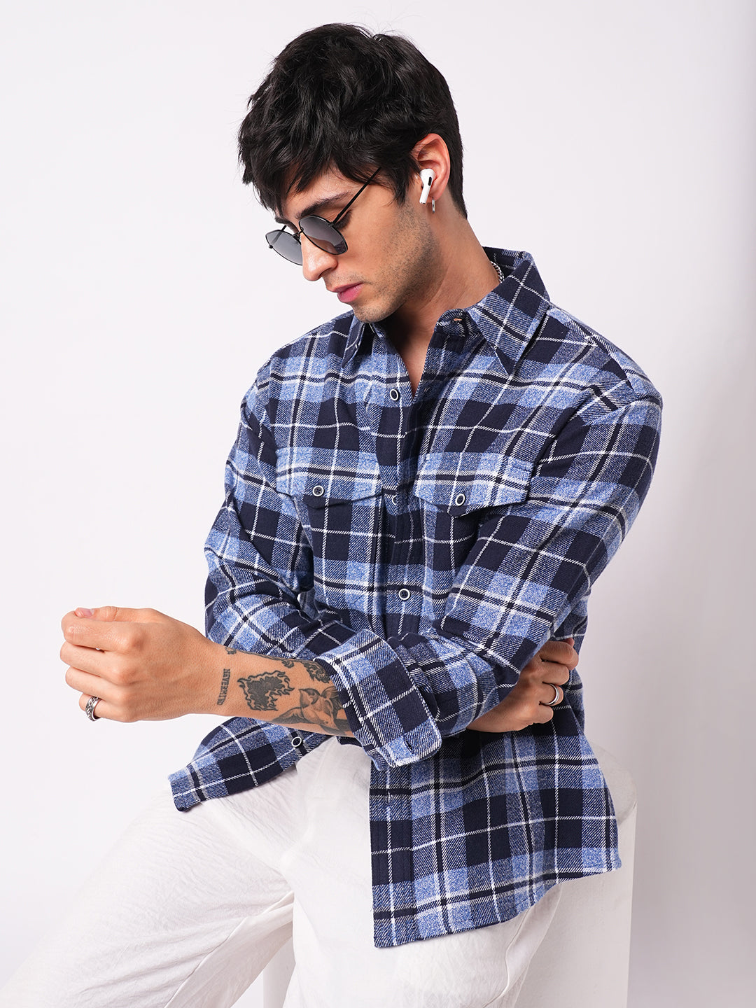 Blue Tartan Checkered Double Pocket Flannel Overshirt