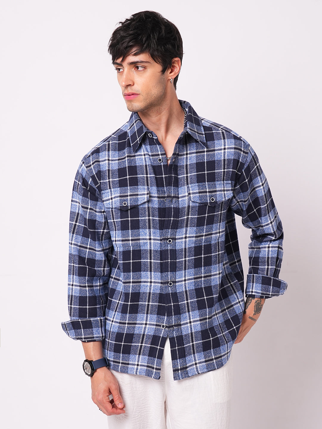 Blue Tartan Checkered Double Pocket Flannel Overshirt