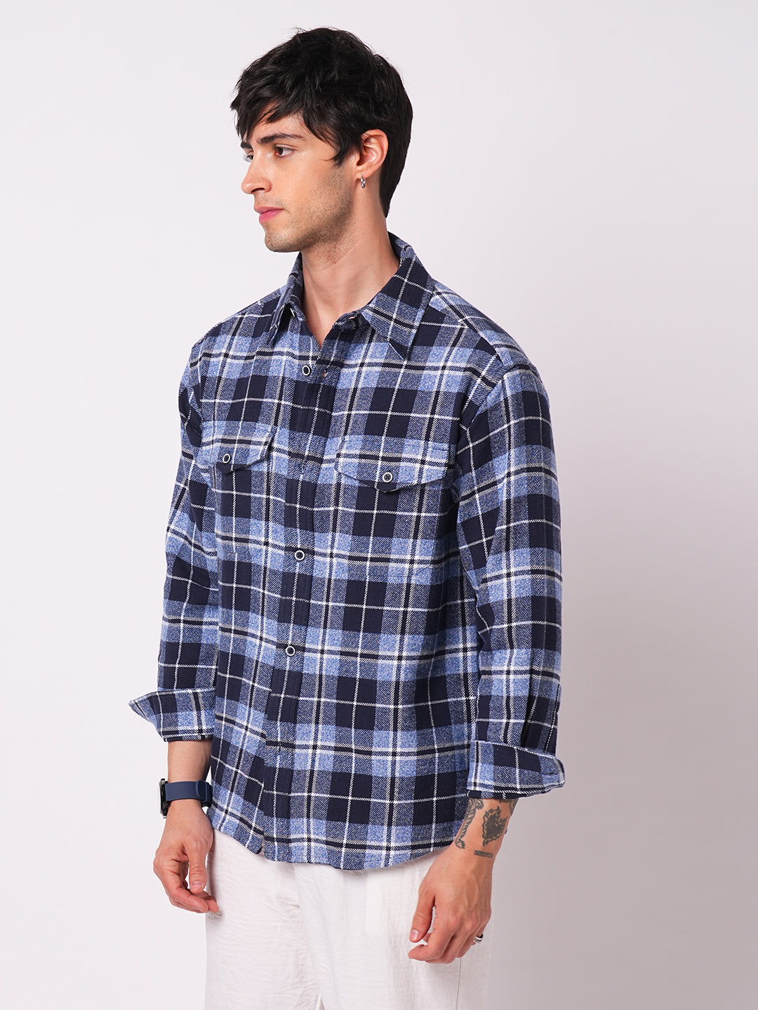 Blue Tartan Checkered Double Pocket Flannel Overshirt