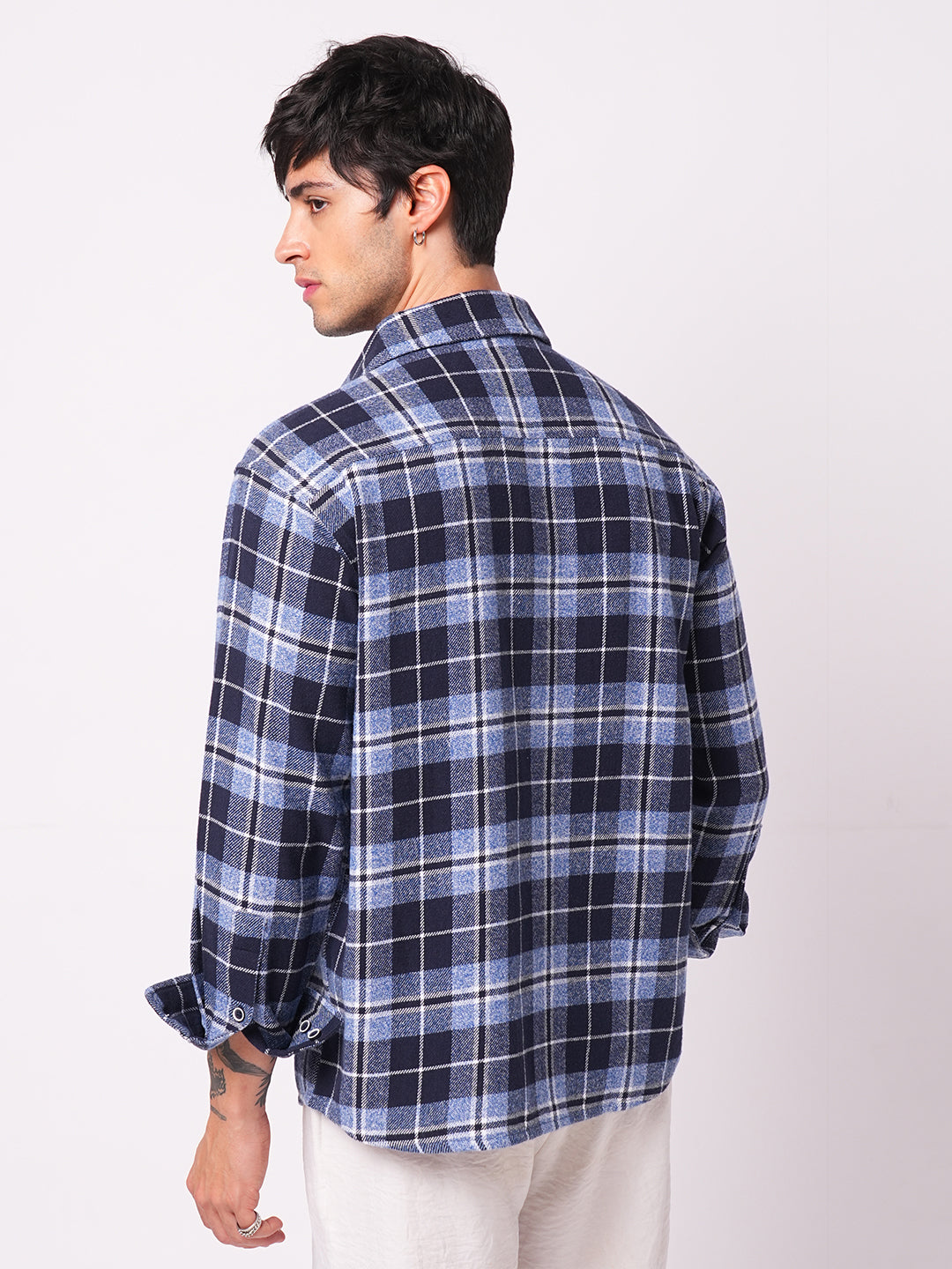 Blue Tartan Checkered Double Pocket Flannel Overshirt
