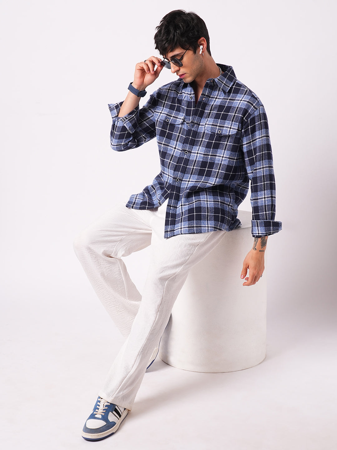 Blue Tartan Checkered Double Pocket Flannel Overshirt