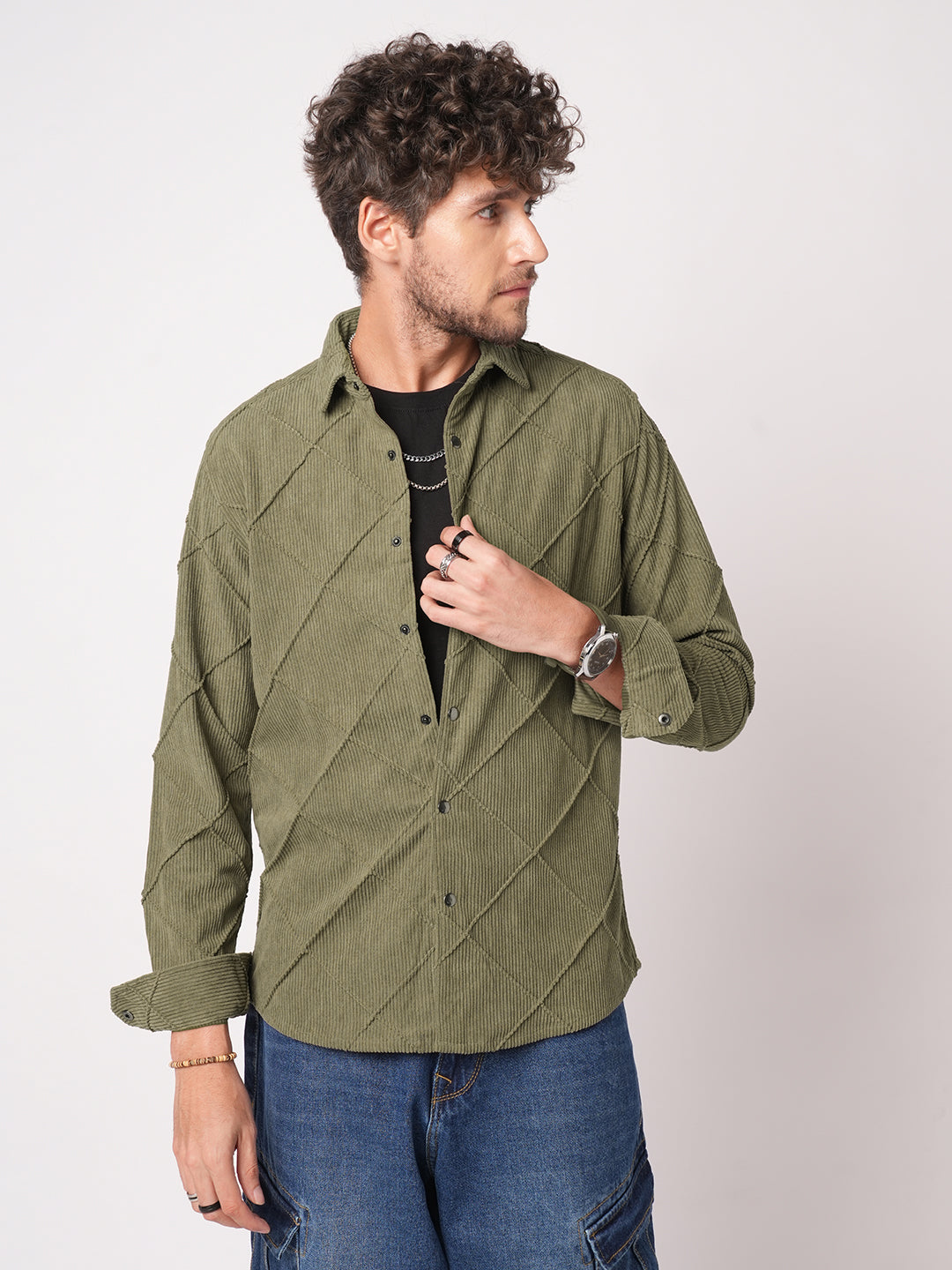 Cordcraft Olive Crosshatch Statement Shirt