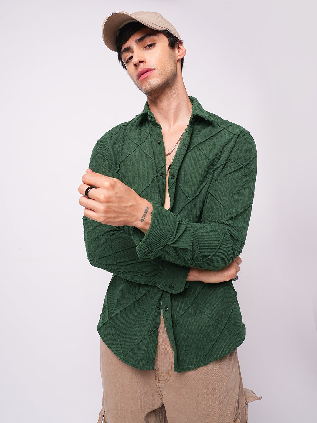 Pine Green Textured Corduroy Shirt
