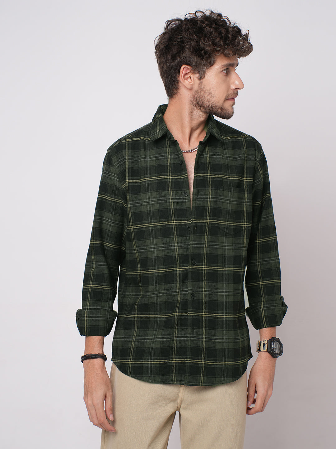 Premium Cotton Olive & Black Tartan Checked Shirt