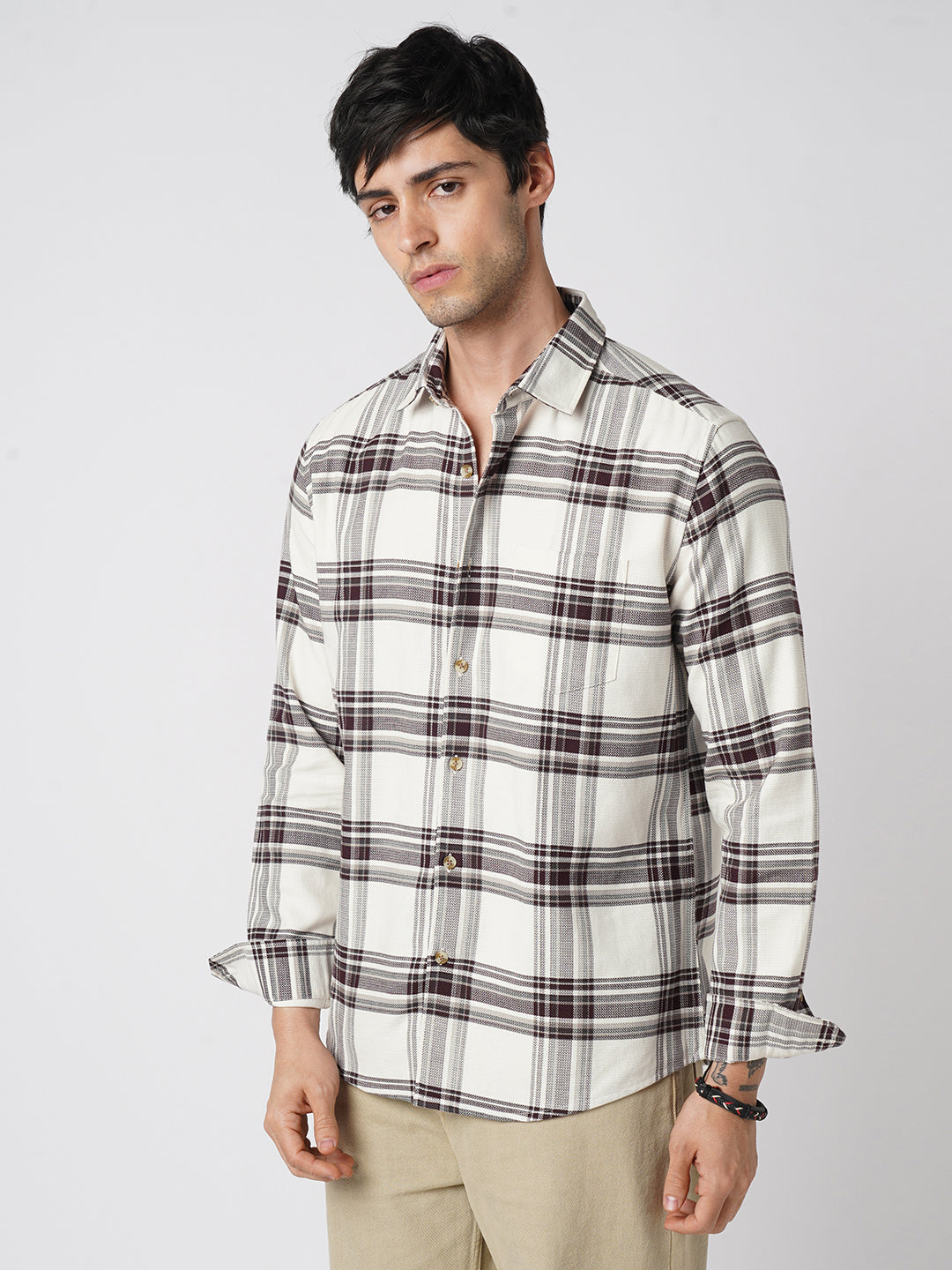 Premium Cotton Timeless White & Maroon Broad Checkered Shirt