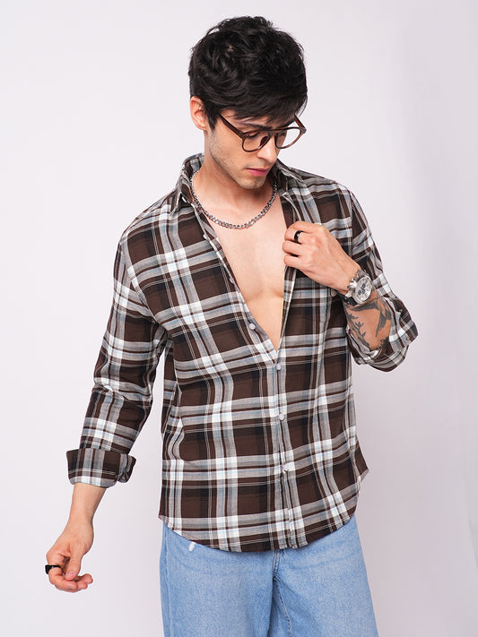 Premium Cotton Espresso Grid Retro Plaid Shirt