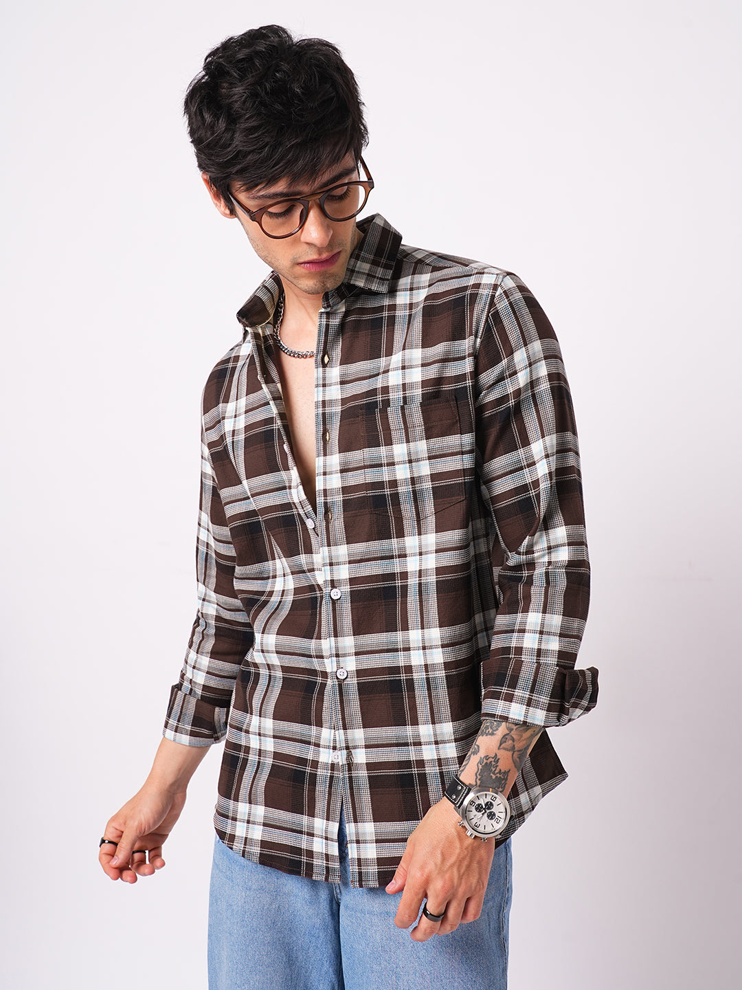 Premium Cotton Espresso Grid Retro Plaid Shirt