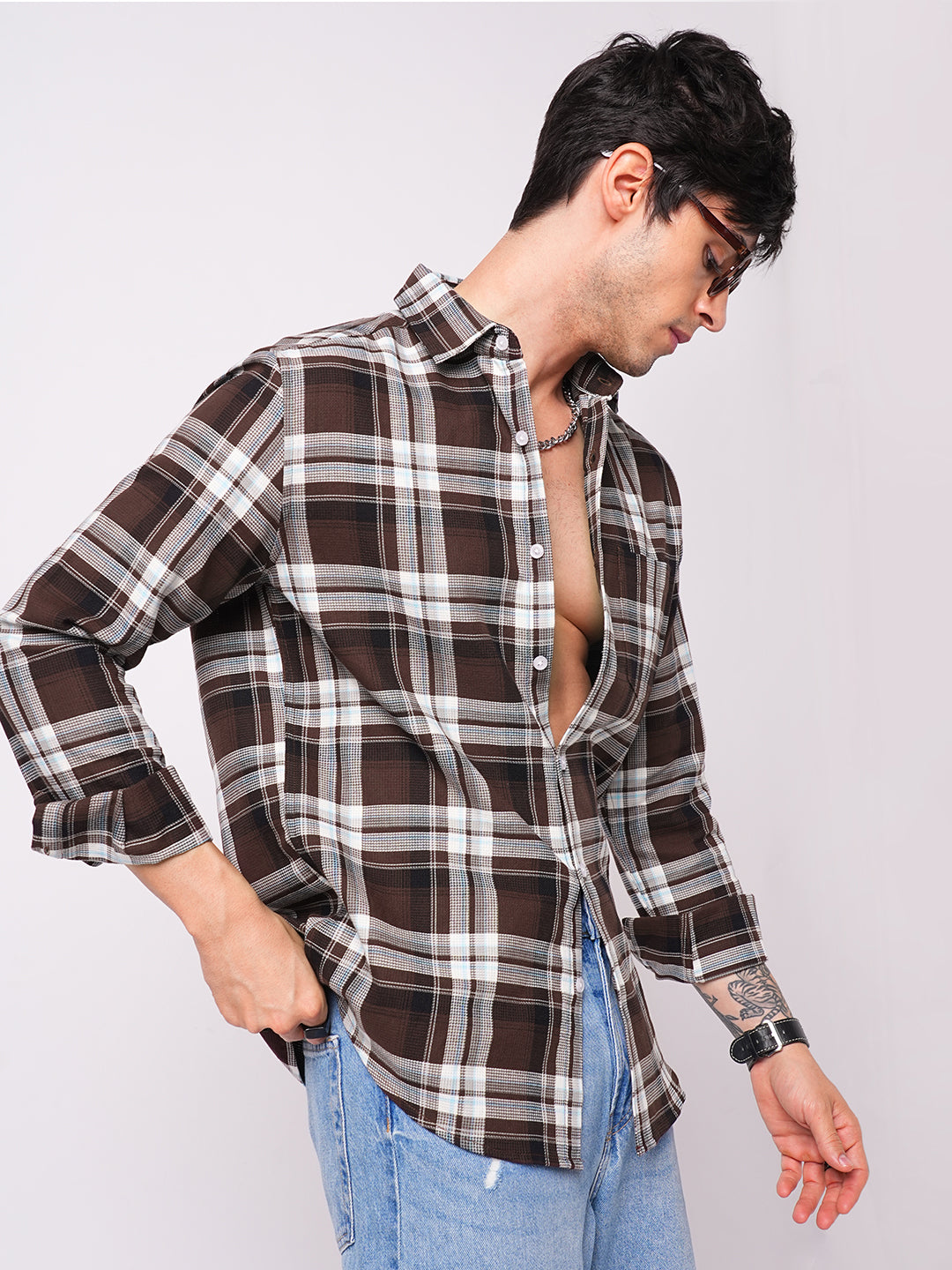 Premium Cotton Espresso Grid Retro Plaid Shirt