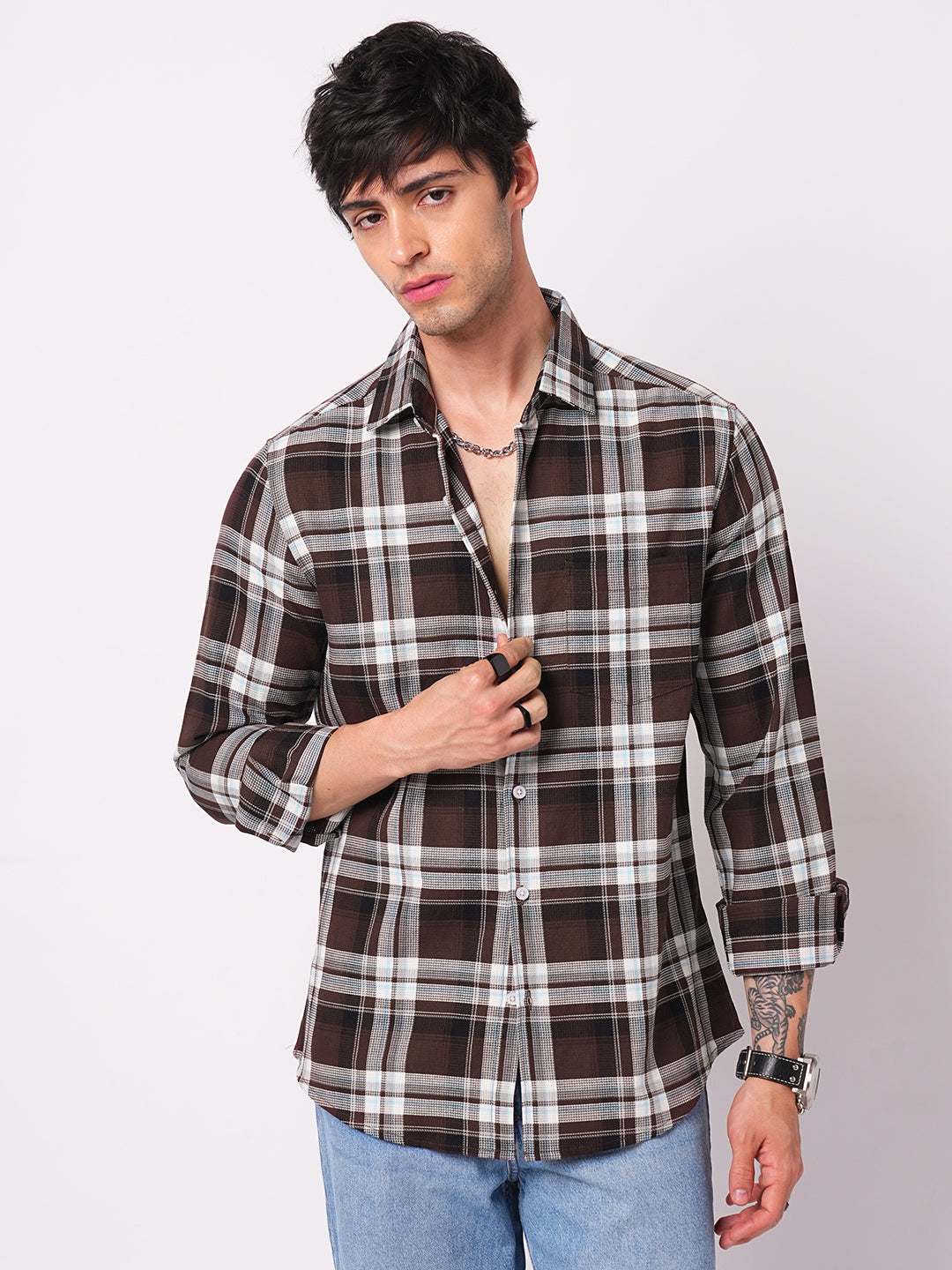 Premium Cotton Espresso Grid Retro Plaid Shirt