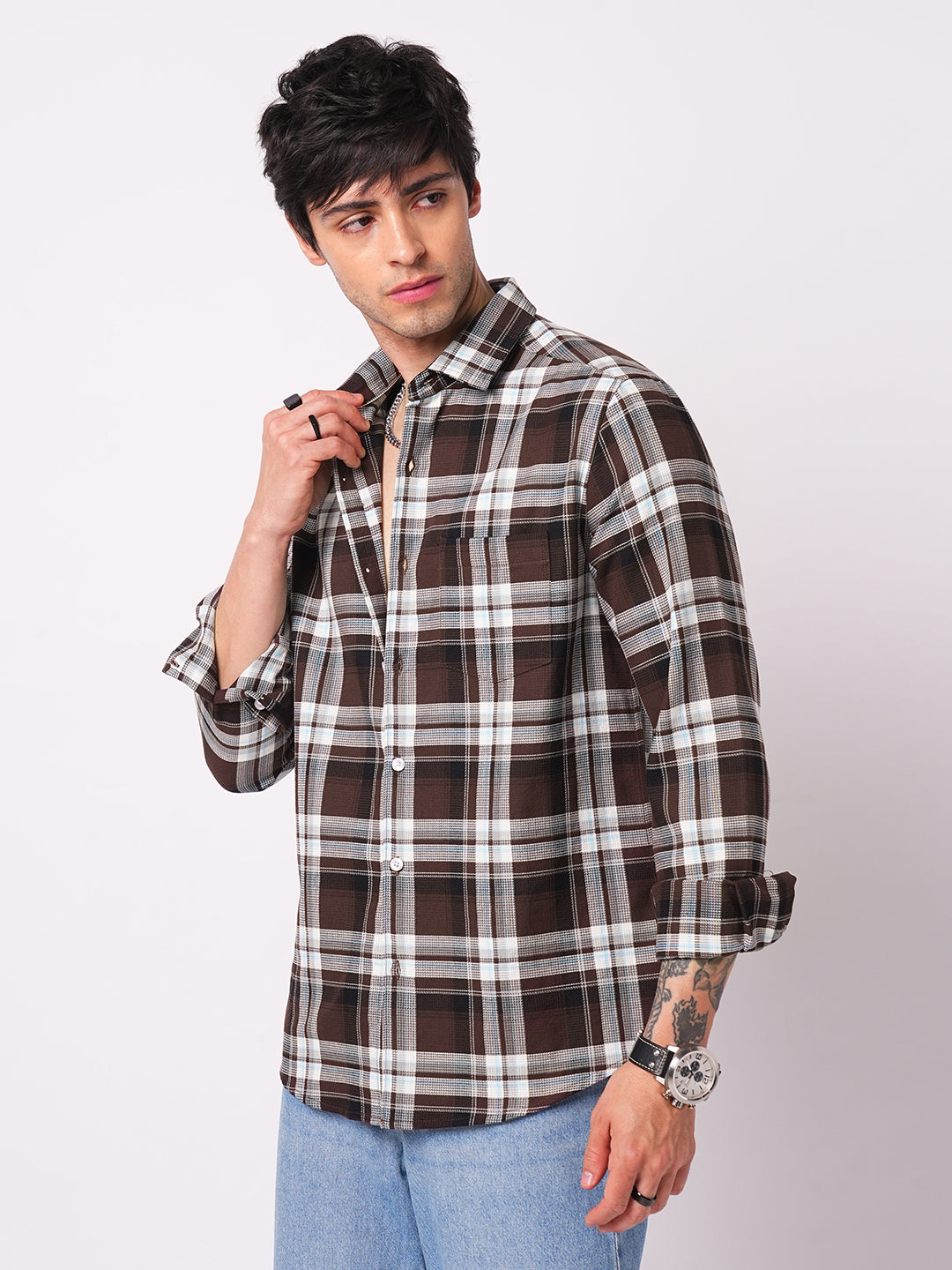 Premium Cotton Espresso Grid Retro Plaid Shirt