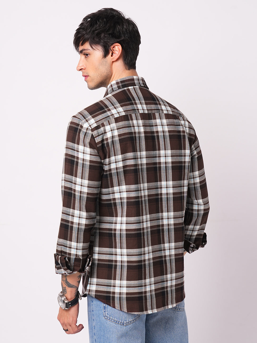 Premium Cotton Espresso Grid Retro Plaid Shirt