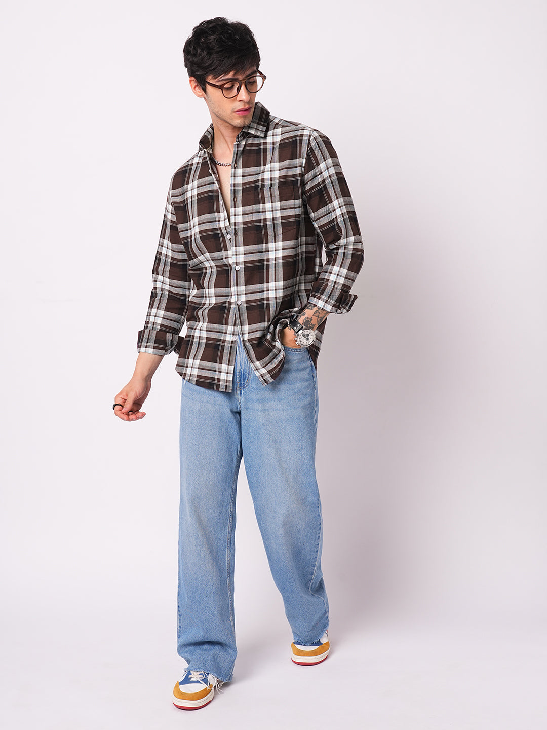 Premium Cotton Espresso Grid Retro Plaid Shirt