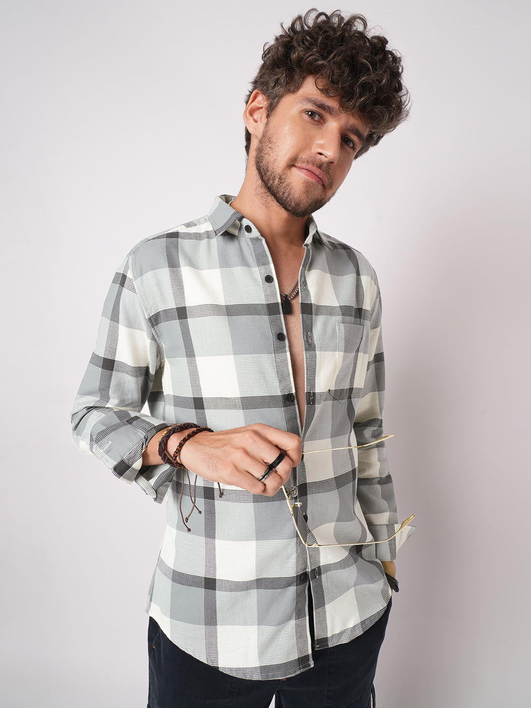 Premium Cotton White & Gradient Grey Minimalist Checks Shirt