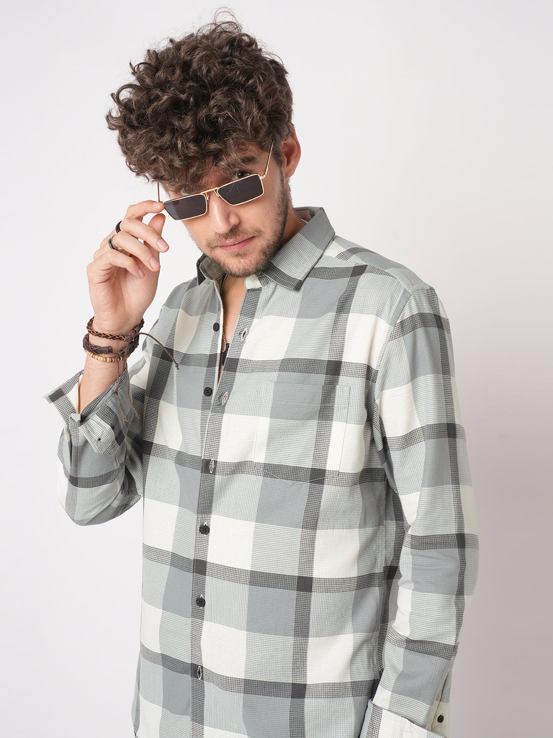 Premium Cotton White & Gradient Grey Minimalist Checks Shirt