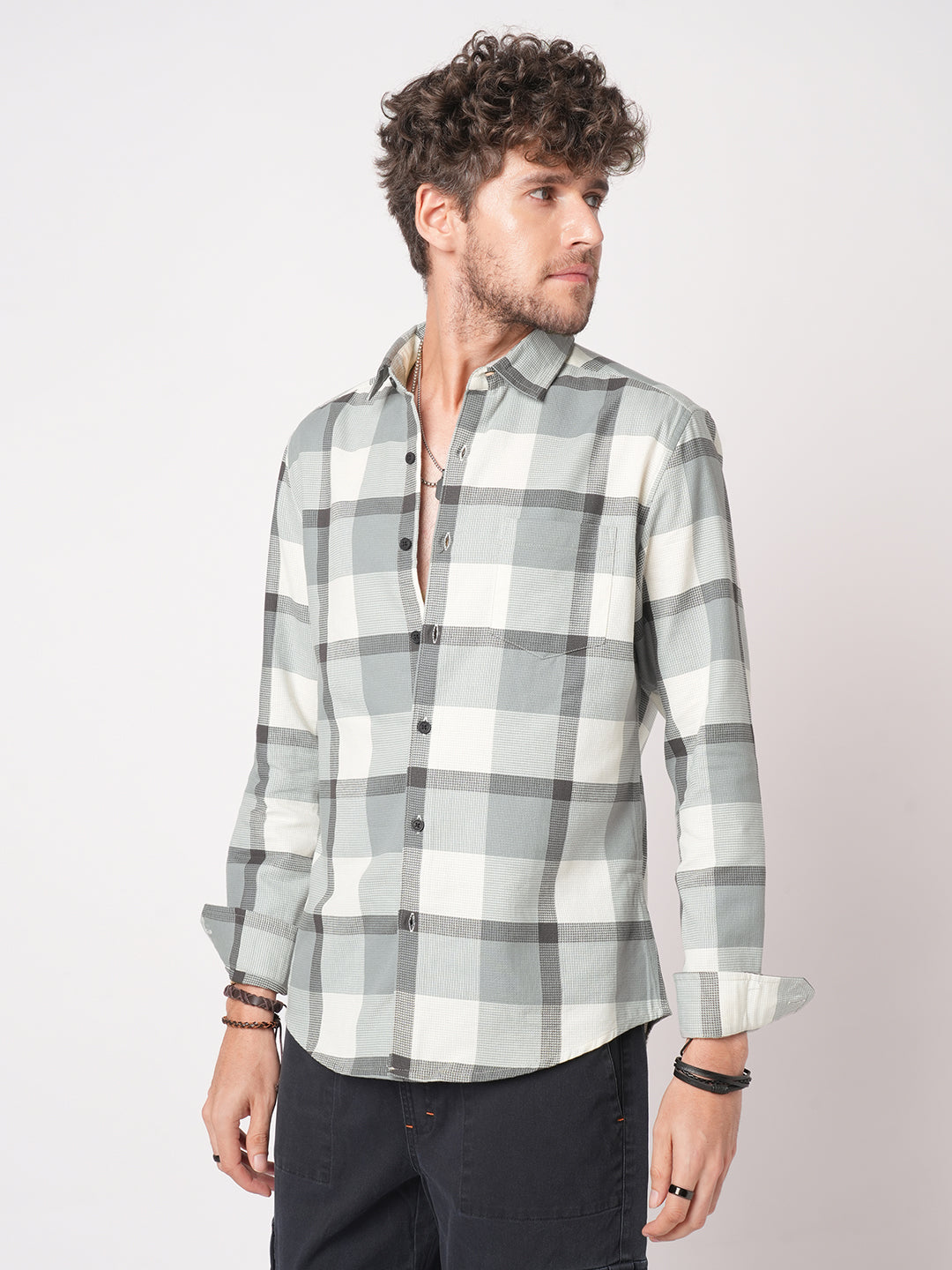 Premium Cotton White & Gradient Grey Minimalist Checks Shirt