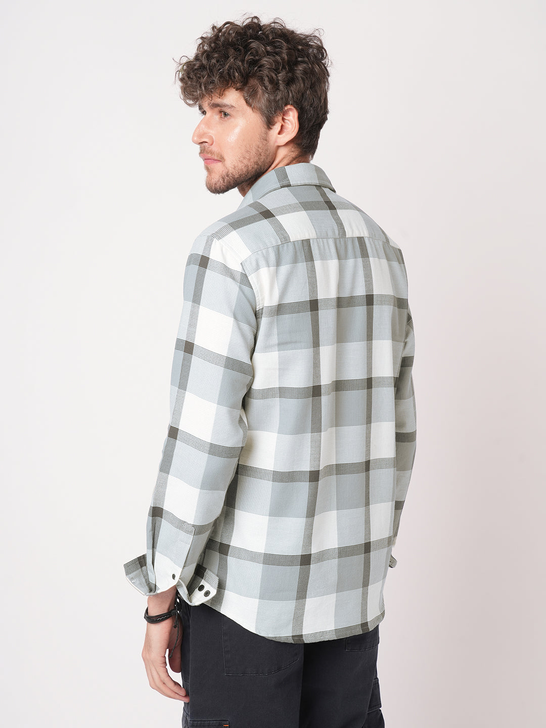 Premium Cotton White & Gradient Grey Minimalist Checks Shirt