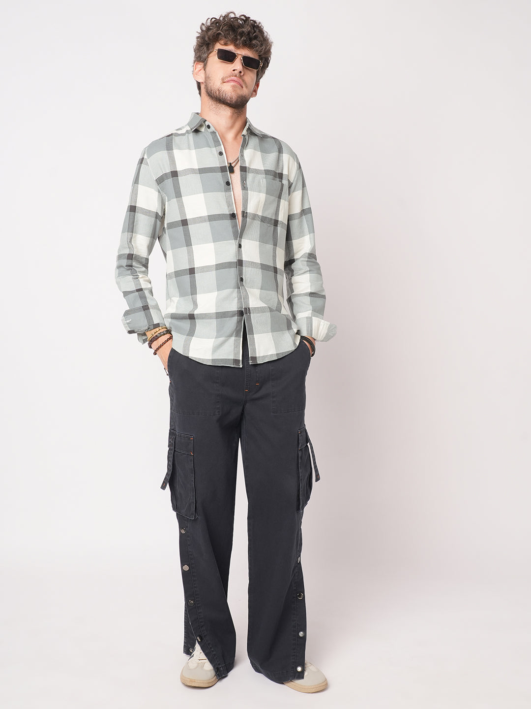 Premium Cotton White & Gradient Grey Minimalist Checks Shirt