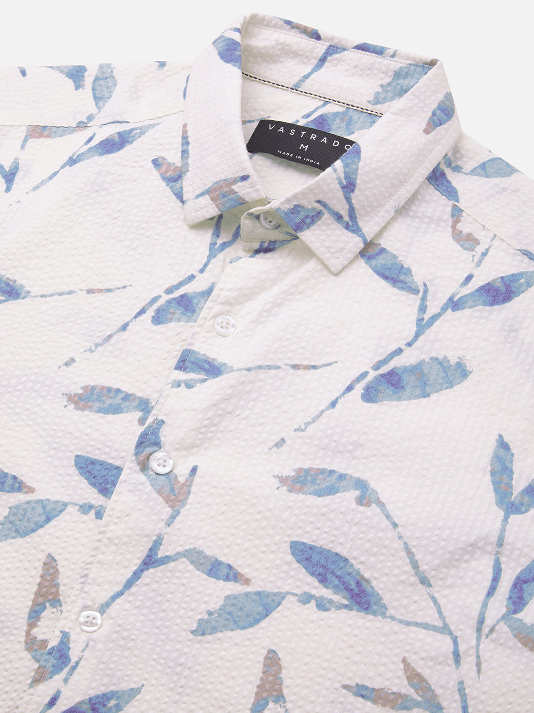 White Arctic Bloom Leaf Printed Seersucker Shirt