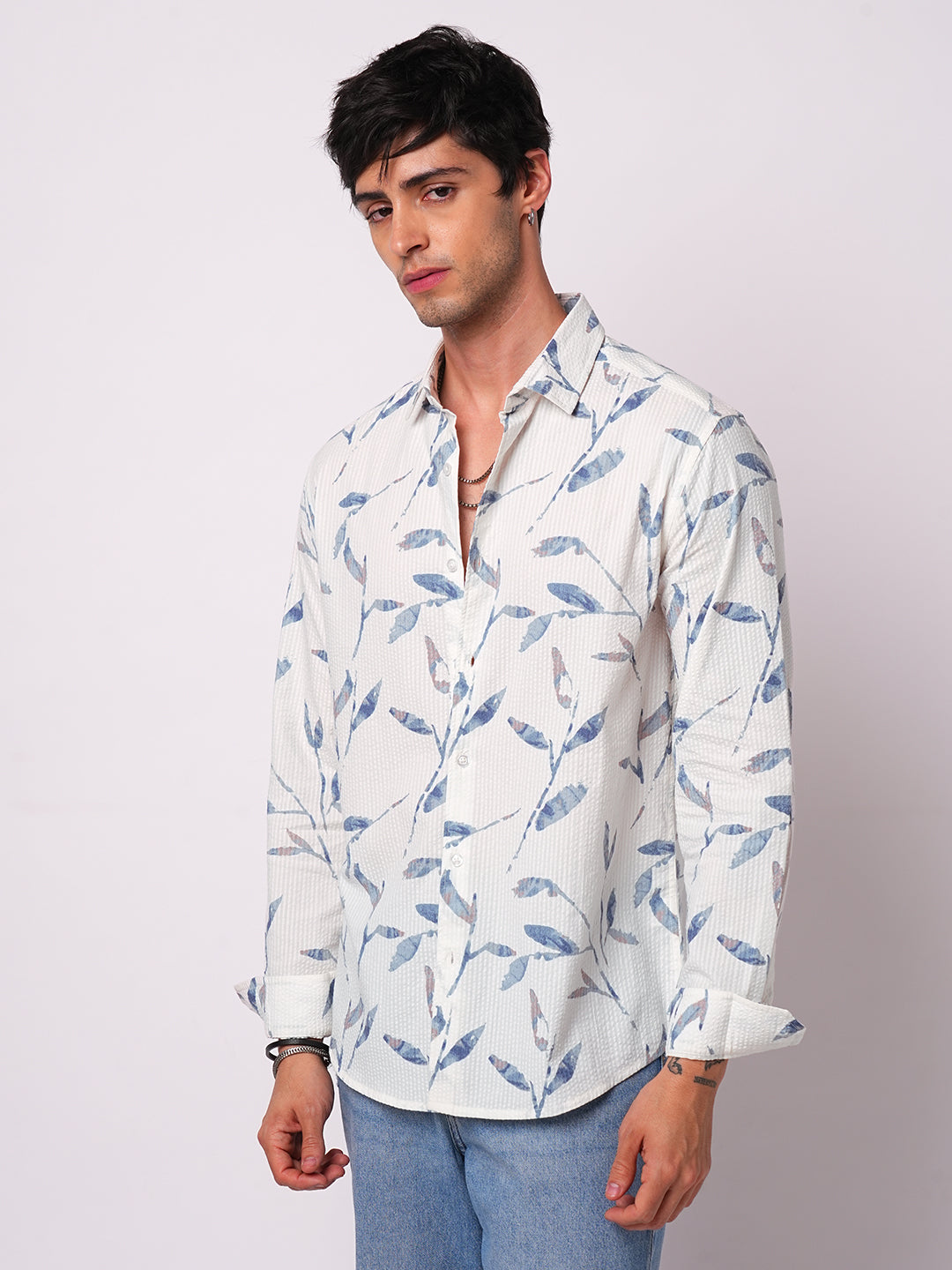 White Arctic Bloom Leaf Printed Seersucker Shirt