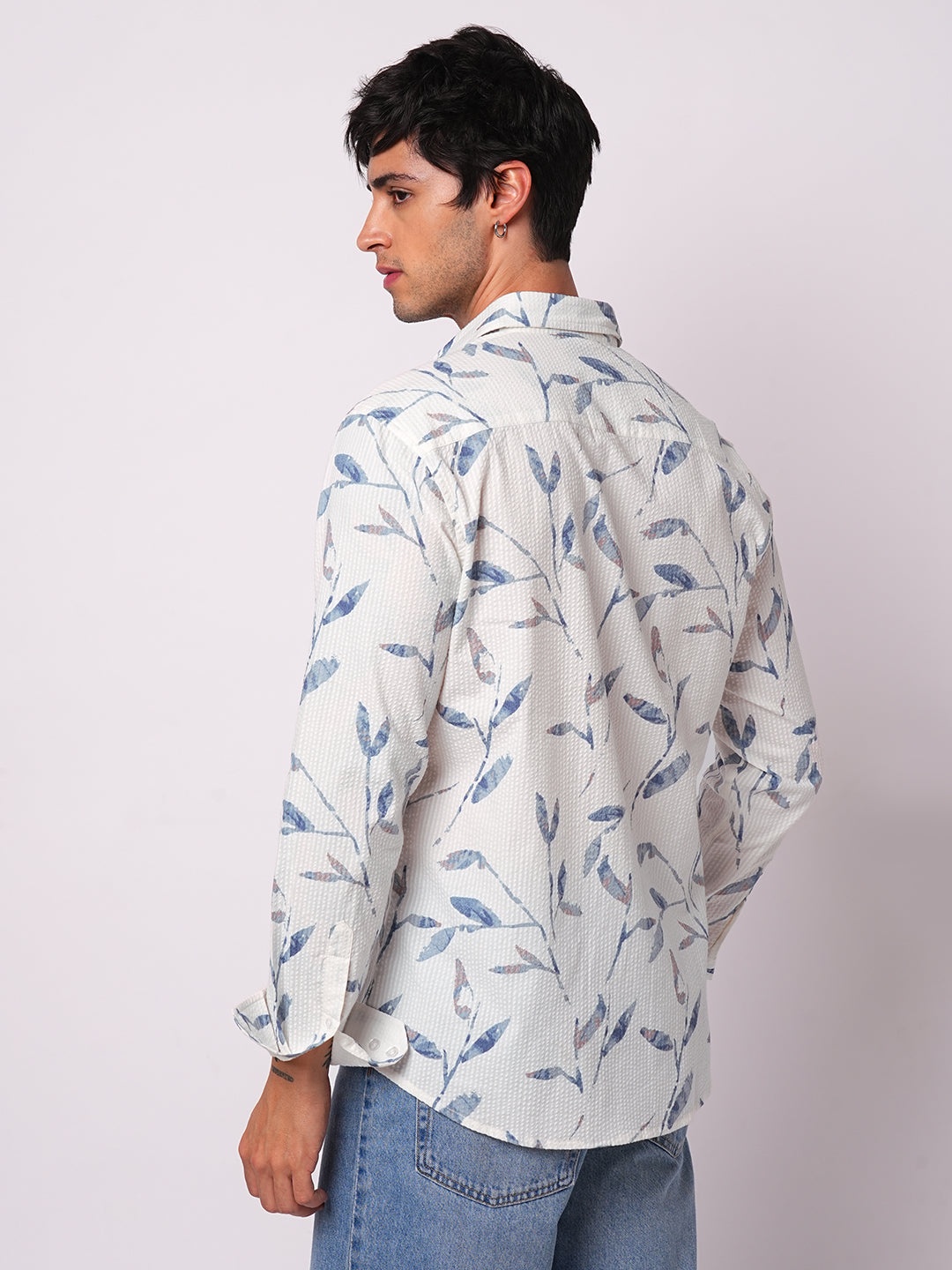 White Arctic Bloom Leaf Printed Seersucker Shirt