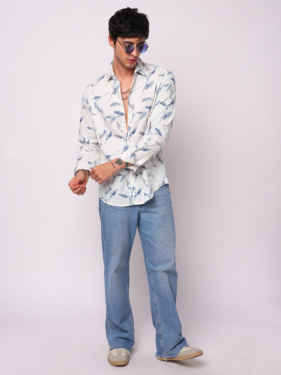 White Arctic Bloom Leaf Printed Seersucker Shirt