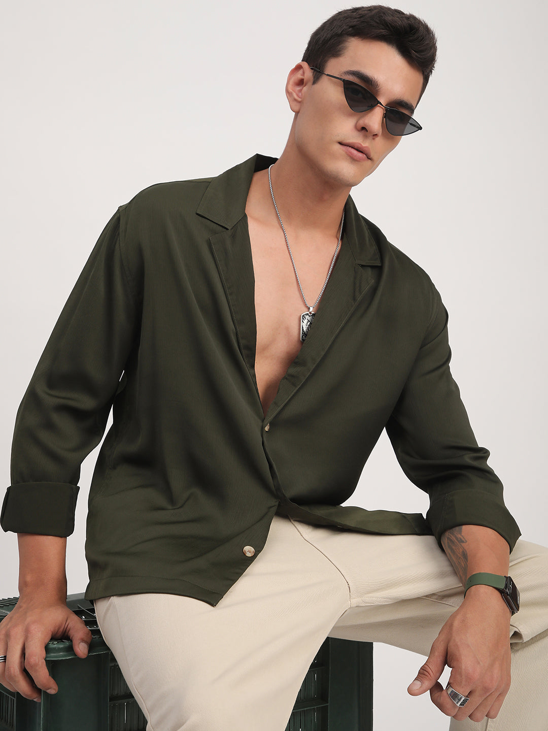 Elegant Green Crinkled Lapel Collar Oversized Shirt