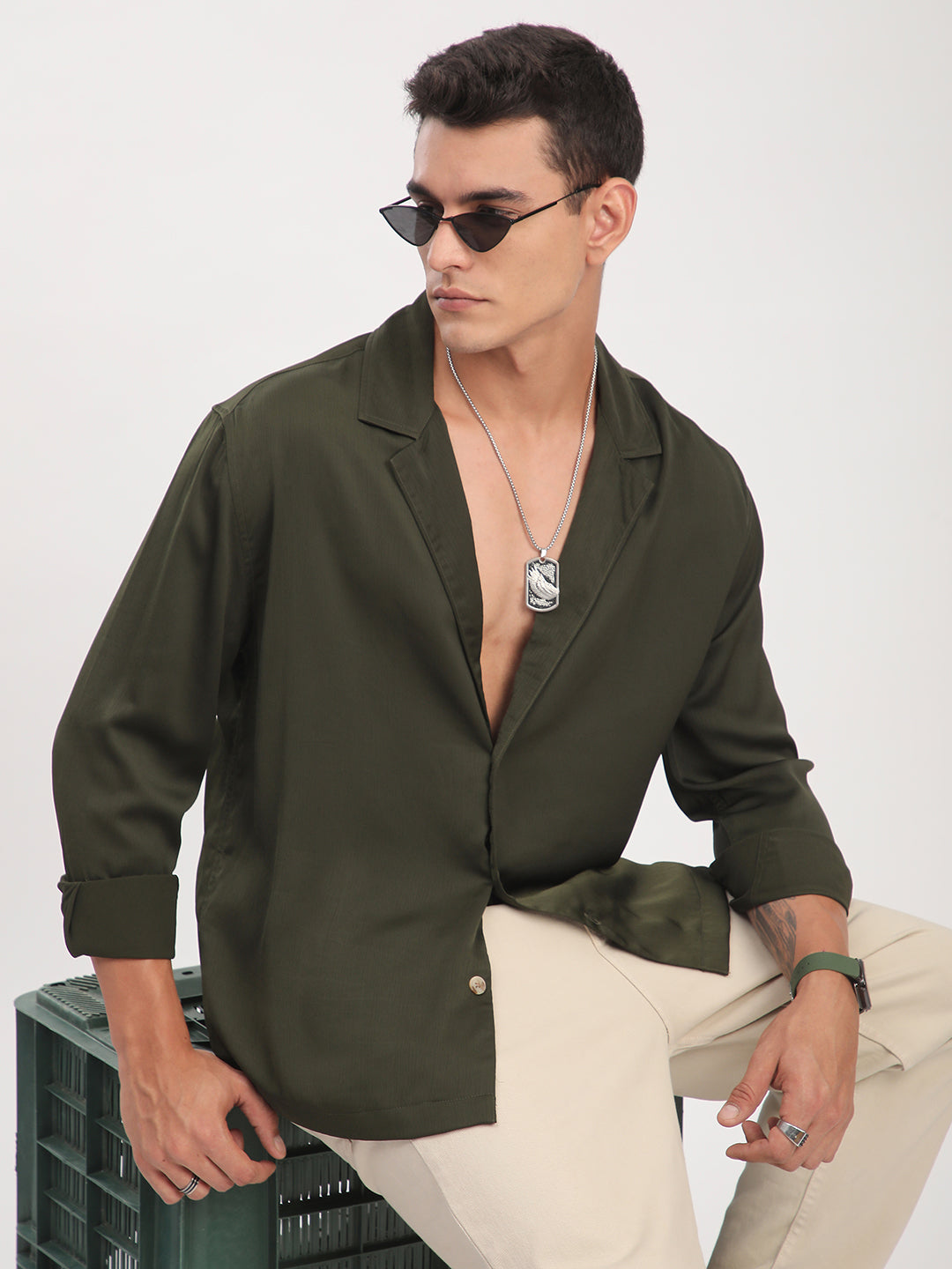 Elegant Green Crinkled Lapel Collar Oversized Shirt