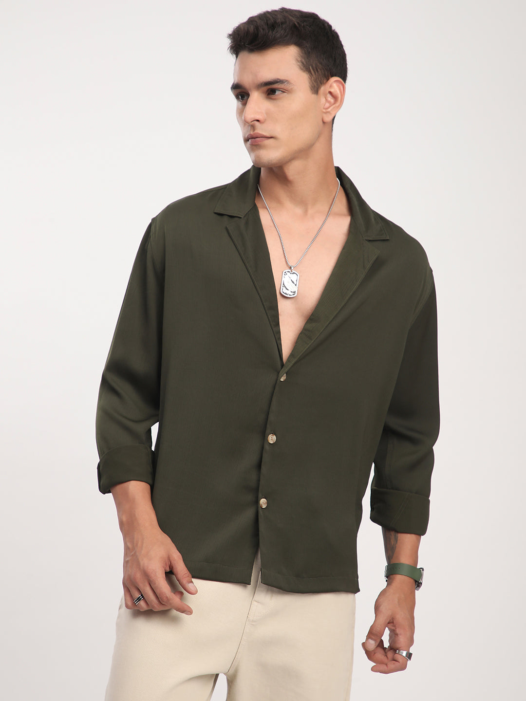 Elegant Green Crinkled Lapel Collar Oversized Shirt