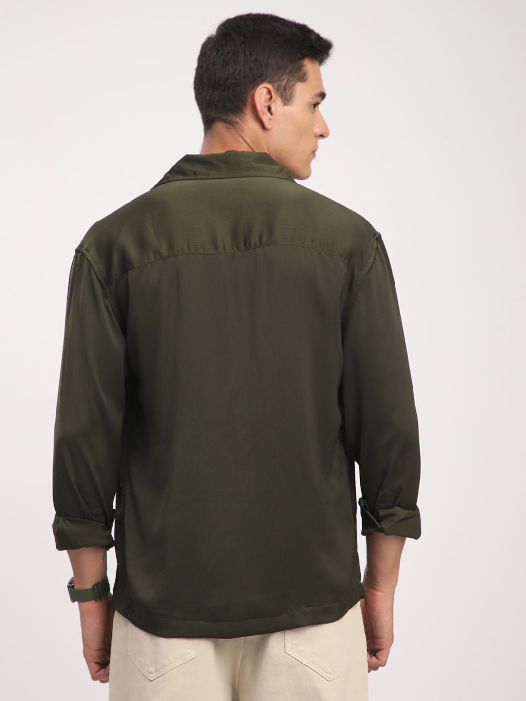 Elegant Green Crinkled Lapel Collar Oversized Shirt