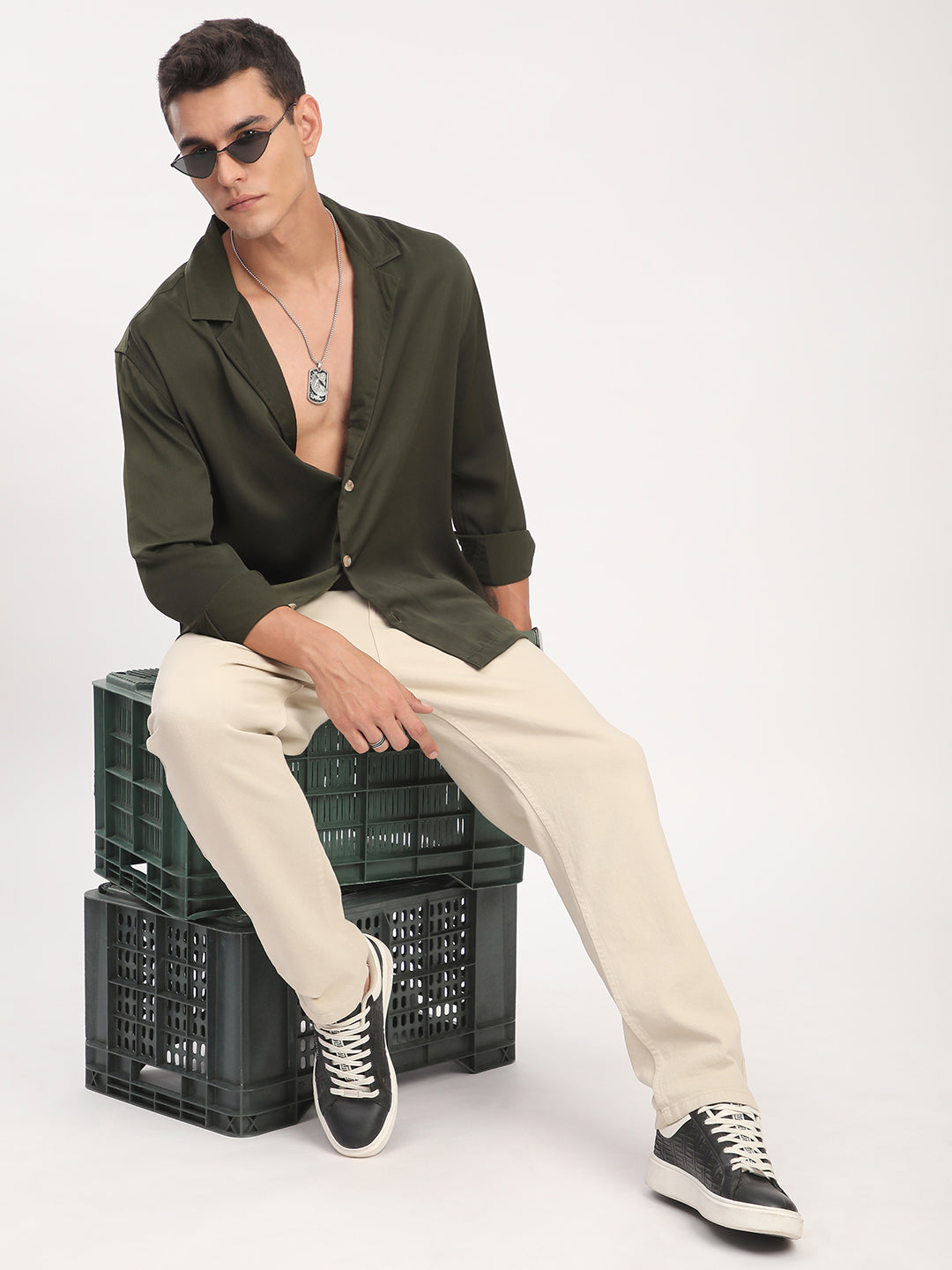 Elegant Green Crinkled Lapel Collar Oversized Shirt