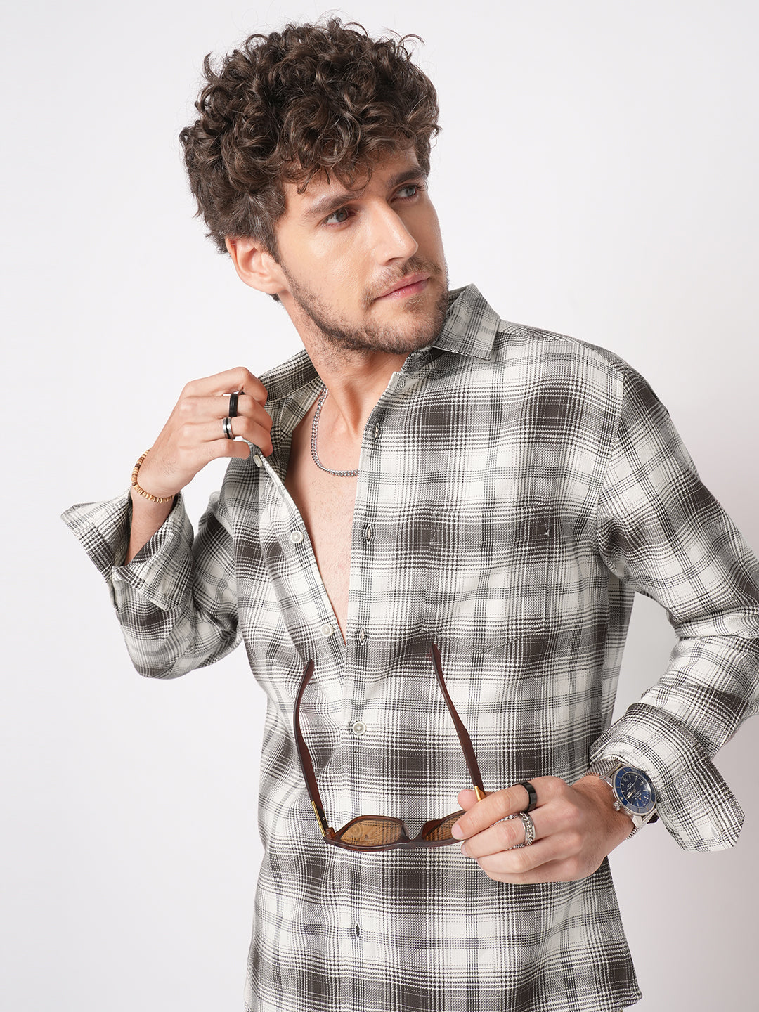 Premium Cotton Brown & White Sable Grid Checks Shirt