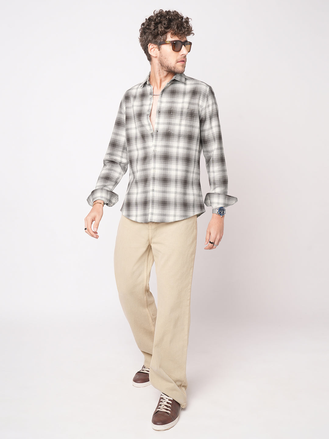 Premium Cotton Brown & White Sable Grid Checks Shirt