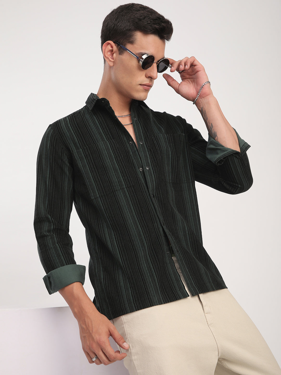 Dark Green Striped Double Pocket Corduroy Shirt