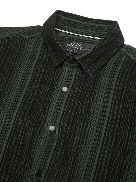 Dark Green Striped Double Pocket Corduroy Shirt