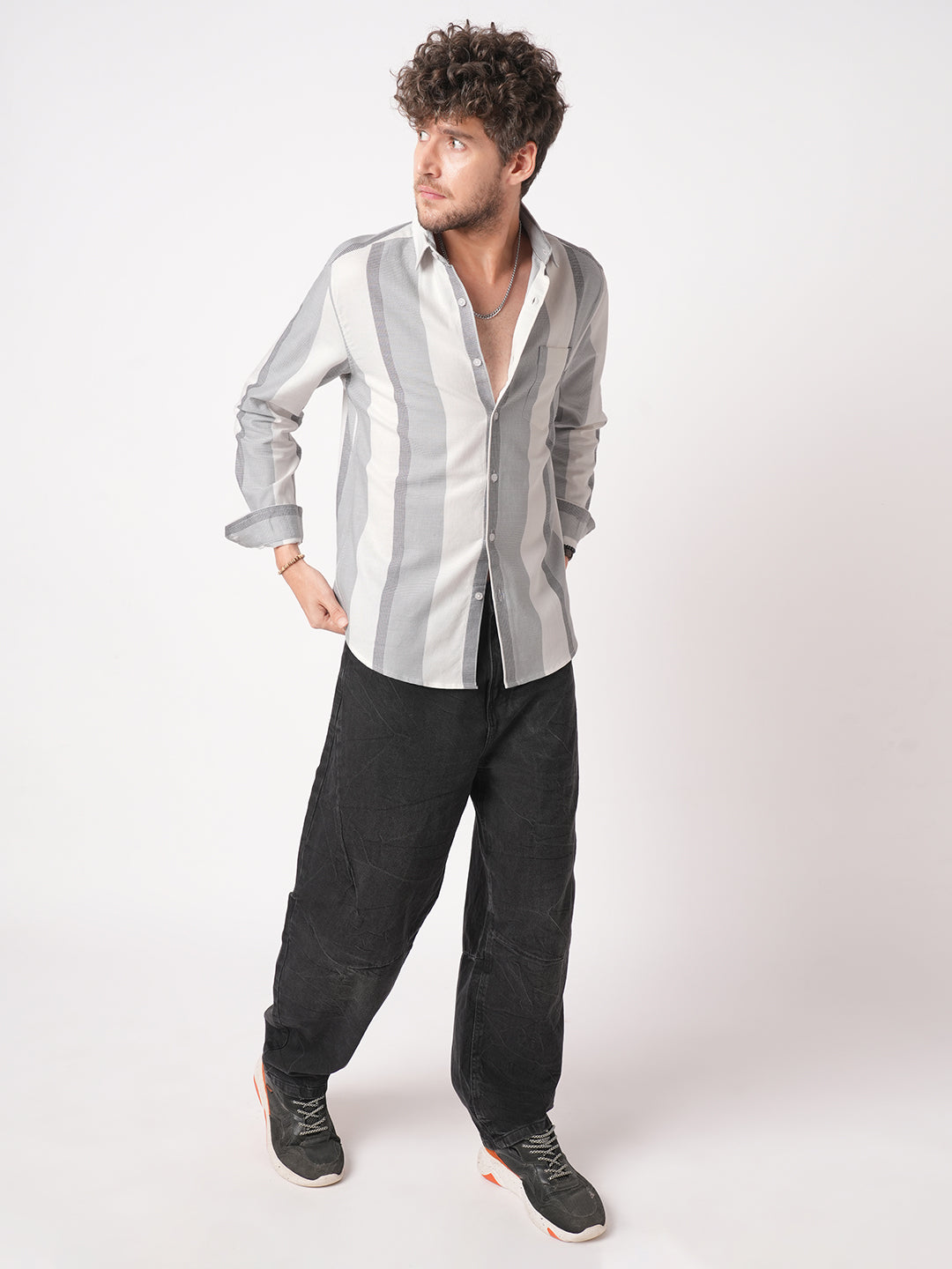 Premium Cotton Classic Dual Tone Broad Stripes Grey Shirt