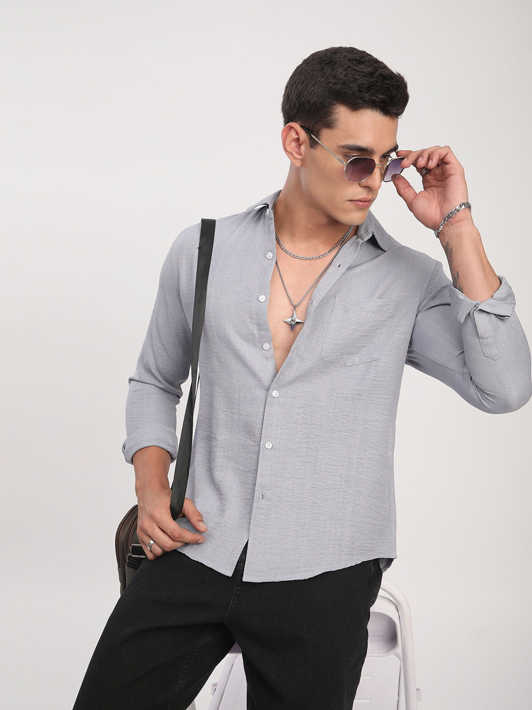 Pastel Blue Minimalist Solid Crinkled Shirt