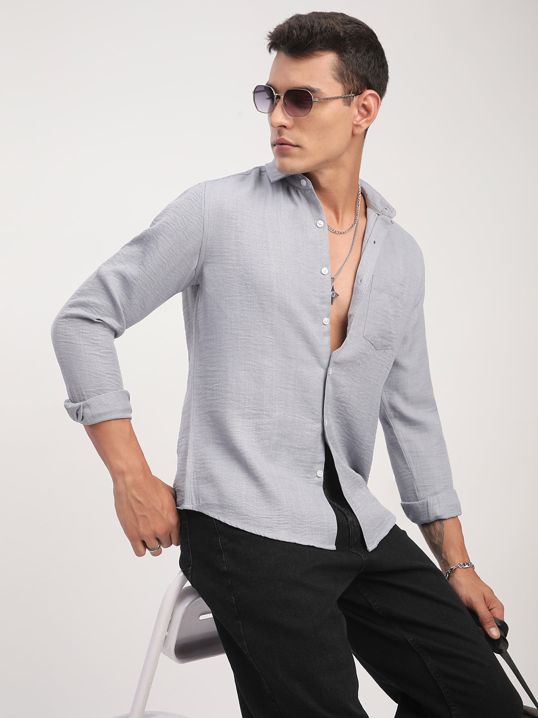 Pastel Blue Minimalist Solid Crinkled Shirt