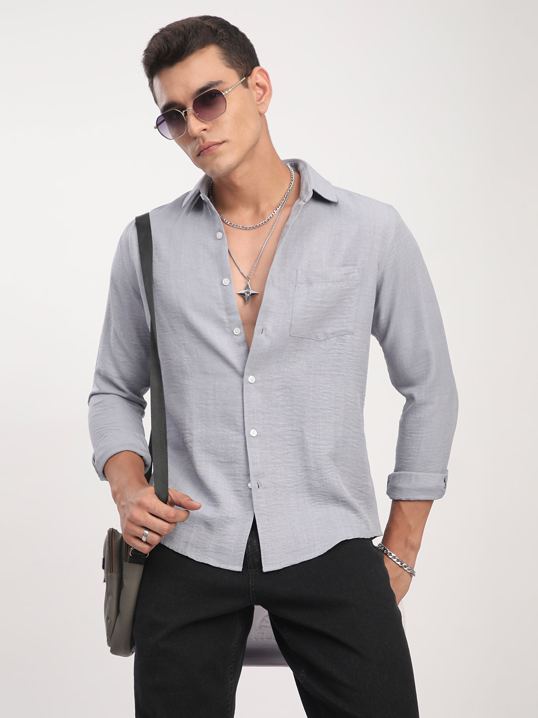 Pastel Blue Minimalist Solid Crinkled Shirt